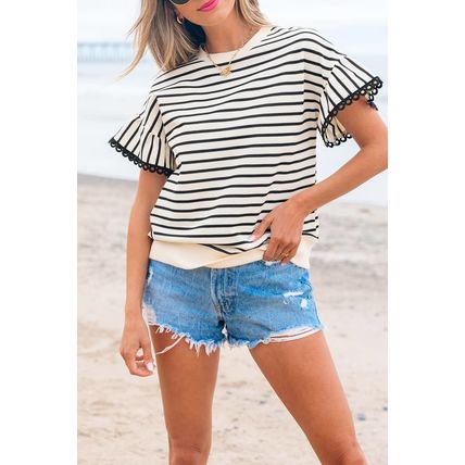 Black Stripe Scallop Lace Trim Ruffle Short Sleeves Crewneck Top
