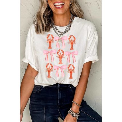 White Crawfish Bow Printed Summer T Shirt