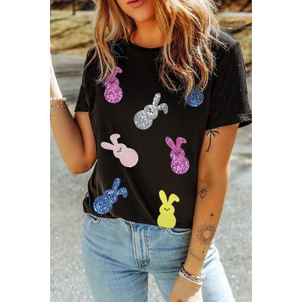 Black Sequin Bunny Doll Graphic Easter Day T Shirt