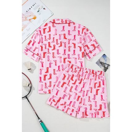 Pink Western Cowgirl Boots Printed Shirt Ruffled Shorts Pajama Set