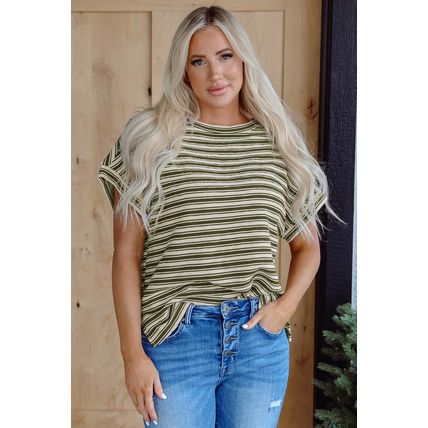 Green Stripe Textured Side Slits Crew Neck T Shirt