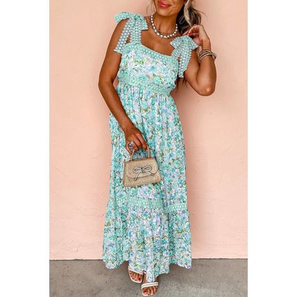 Green Floral Lace Tied Strap Empire Waist Maxi Dress