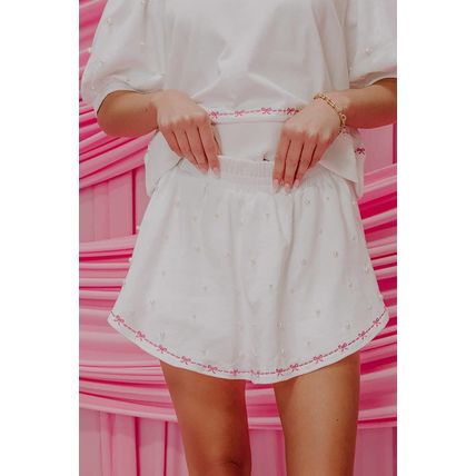 White Contrast Bow Trim Pearl Puff Sleeve Blouse and Skort 2pcs Set