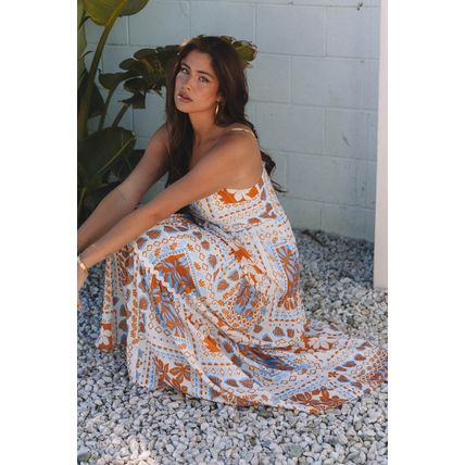 Orange Multi Printed Ricrac Trim Spaghetti Straps Maxi Dress