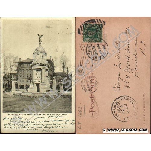 CT New Britain Postcard Soldiers & Sailors Monument Undivided Back ct_box4~1663