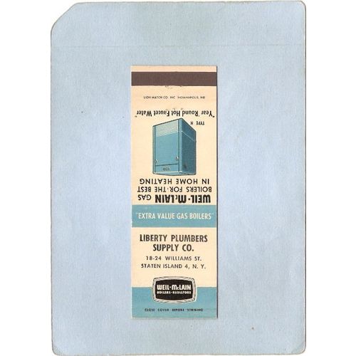 New York Staten Island Matchcover Liberty Plumbers Supply Co 18-24 William~89