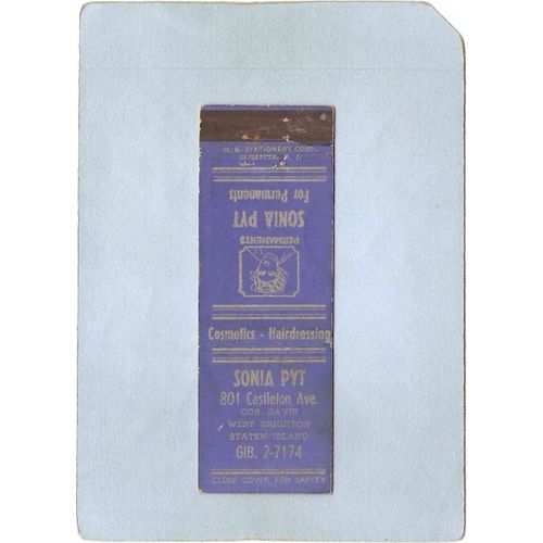 New York West Brighton Matchcover Sonia Pyt 801 Castleton Ave Cor Davis ny~88