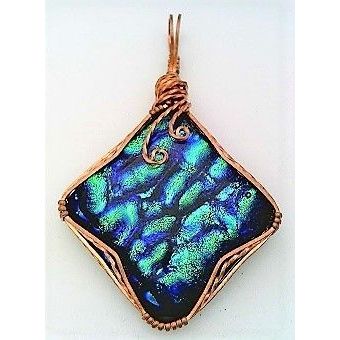 Blue Green Dichroic Glass Copper Wire Wrap Pendant 6