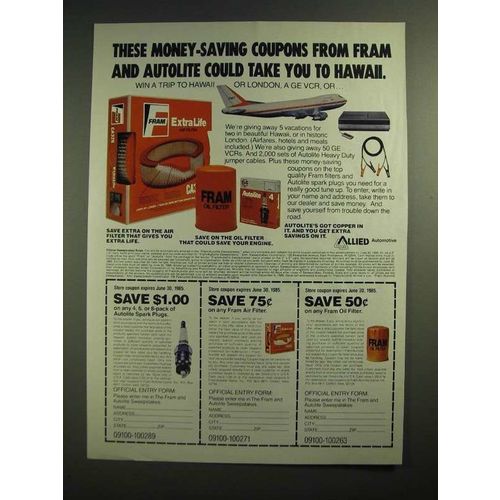 1985 Allied Automotive Fram Filters and Autolite Sparkplugs Ad