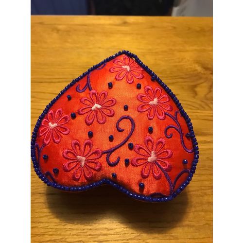 Heart Embroidery and Beaded Trinket Box Covered in Red Satin Fabric