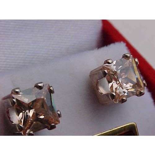 Pink CZ Earrings Cubic Zirconia Princess Star Cut Silver Set Stud Earrings 7mm
