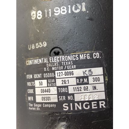 SINGER 05088-127-0096 DC GEARMOTOR, 26:1 RATIO,981198101,50 VDC, 300 RPM,DL