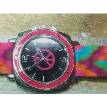 Rainbow Peace Sign Dial Round Silver Tone Case Colorful Silicone Band Watch