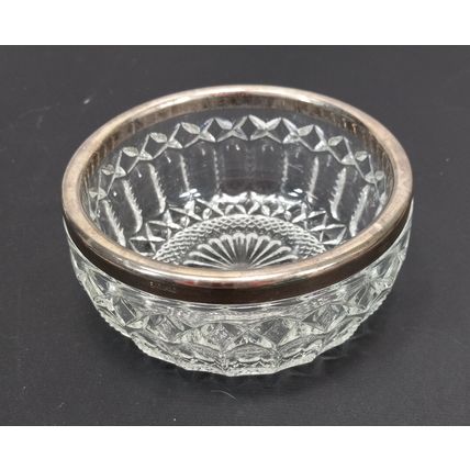 Clear Crystal Design Silver Plated Rim Cut Glass Serving Dish Bowl 4 3/4"