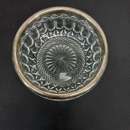 Clear Crystal Design Silver Plated Rim Cut Glass Serving Dish Bowl 4 3/4"