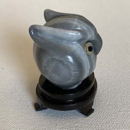 Grey Banded Agate Owl Figurine W Stand Vintage Fine Chinese Animal Carving 1.4"