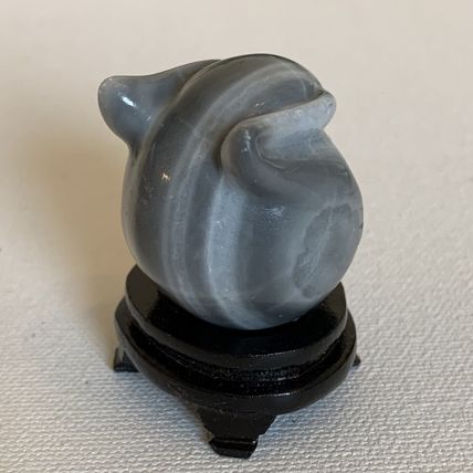 Grey Banded Agate Owl Figurine W Stand Vintage Fine Chinese Animal Carving 1.4"