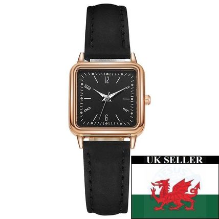 Ladies Small 2.3 cm Black Square Face Steel Back Black Suedette Strap Watch
