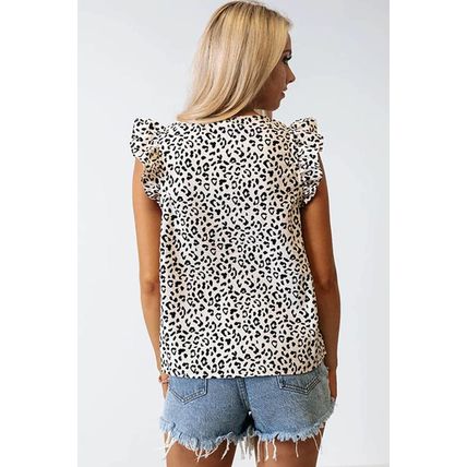 Leopard Ruffle Sleeve Embellished V-neck Blouse