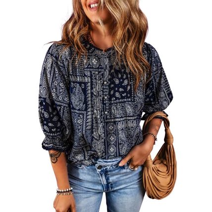 Navy Blue Vintage Boho Paisley Print 3/4 Sleeve Blouse