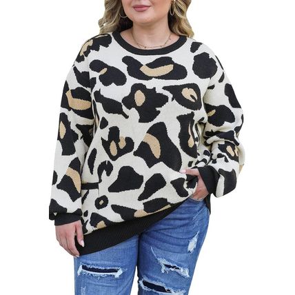 Leopard Ribbed Trim Pocketed Plus Size Sweater