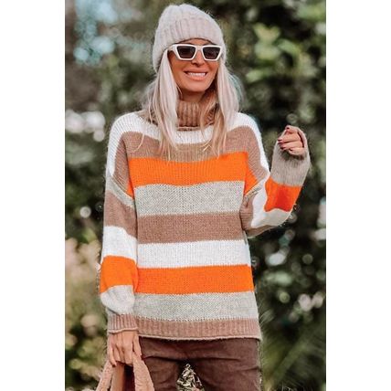 Multicolor Color Block Striped Knitted Drop Shoulder Turtleneck Sweater