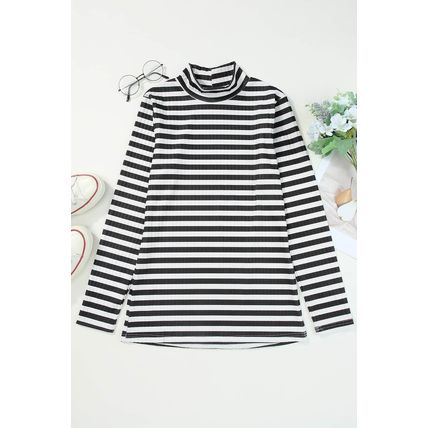 Black Striped Print Textured Knit Long Sleeve Tee