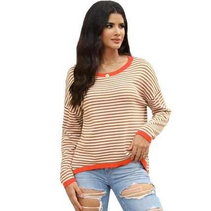 Brown Contrast Trimmed Striped Drop Shoulder Sweater