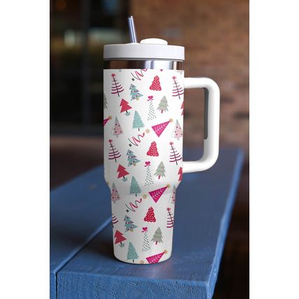 White Cartoon Christmas Tree Printed Thermos Cup