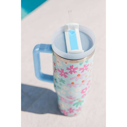 Beau Blue Cute Flower Pattern Handled Cup with Straw 40oz