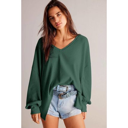 Blackish Green Waffle V Neck Long Sleeve Drop Shoulder Loose Blouse