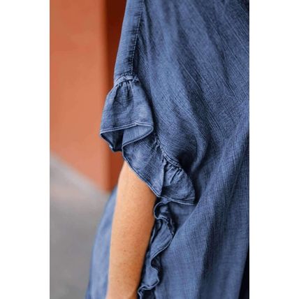 Dusk Blue Chambray Ruffle Hem Half Sleeve Open Loose Kimono