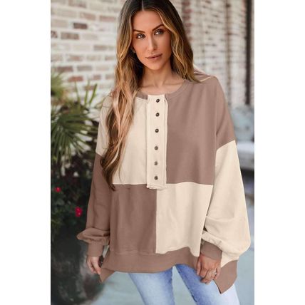 Parchment Colorblock Henley High Low Oversize Sweatshirt