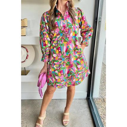 Pink Abstract Printed Lantern Sleeve Buttoned Mini Dress