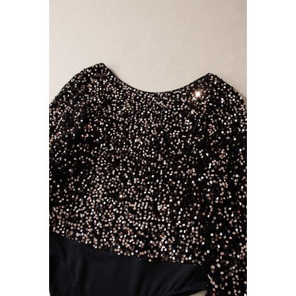 Black Deep V Back Sequin Puff Sleeve Bodysuit