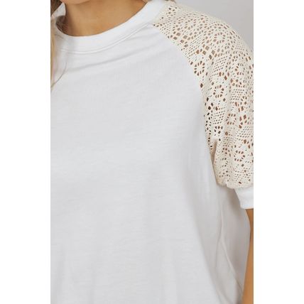 White Lace Crochet Short Sleeve Round Neck T Shirt