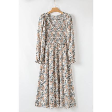 Khaki Maple Grove Floral Smocked Puff Sleeve Long Dress