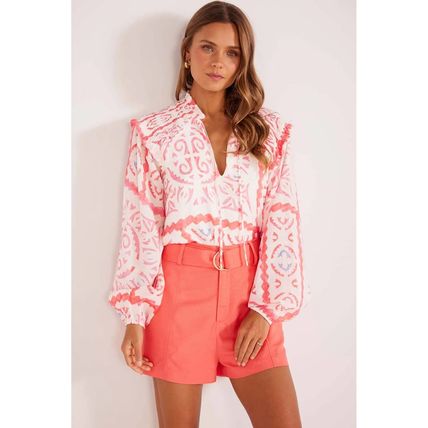 Desert Flower Vintage Print Smocked Poet Collar Billowy Blouson Sleeves Blouse