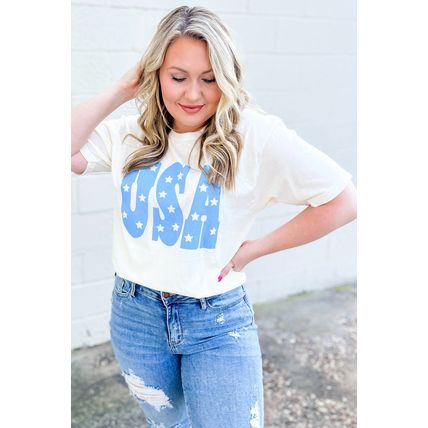 Sky Blue USA Graphic Crewneck Plus Size Patriotic Tee