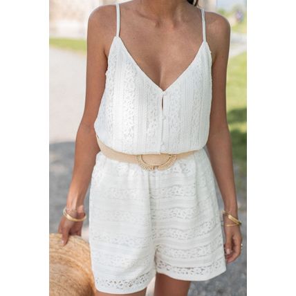 White Lace Spaghetti Strap V Neck Loose Fit Romper
