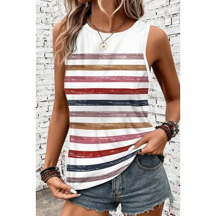 Red Stripe Rainbow Round Neck Tank Top