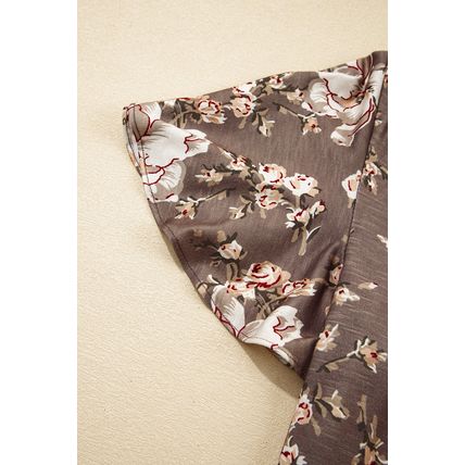 Khaki Retro Floral Print Tassel Tie Split Neck Short Sleeve Blouse