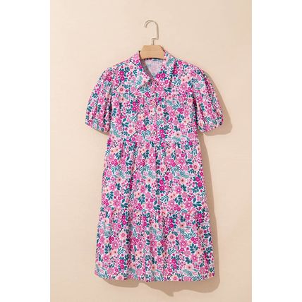Pink Floral Collared Half Placket Short Sleeve Loose Dress