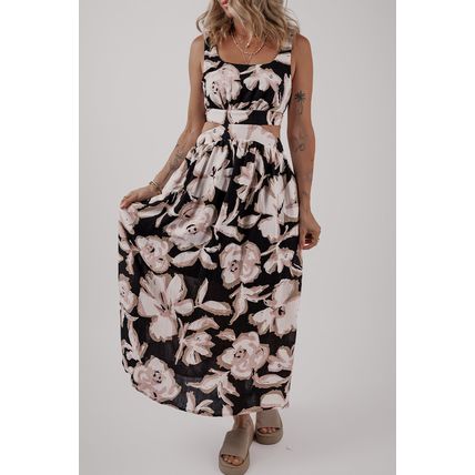 Black Floral Cutout Square Neck Knot Back Sleeveless Maxi Dress
