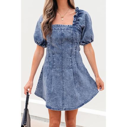 Blue Frilly Square Neck Bustier Puff Sleeve Short Denim Dress