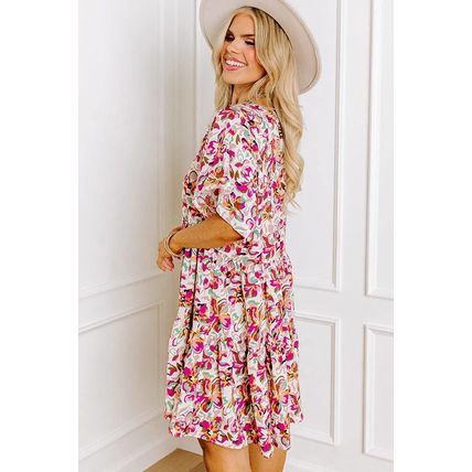 White Abstract Print V Neck Short Sleeve Ruffled Plus Size Mini Dress