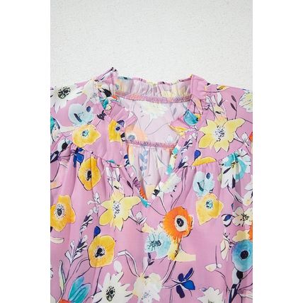 Pink Flutter Sleeve V Neck Floral Top