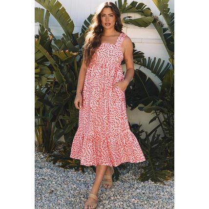 Pink Geometric Print Knot Back Sleeveless Ruffle Hem Dress
