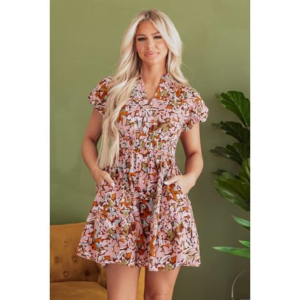 Pink Floral Print Puff Sleeve Shirred High Waist Mini Dress