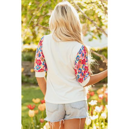 Beige Floral Puff Sleeve Patchwork Round Neck Top